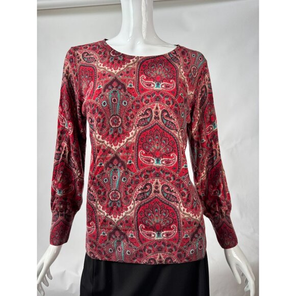 Talbots Womens L Red Multicolor Paisley Print Merino Wool Sweater Made In China - Picture 15 of 16